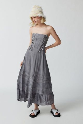Urban Outfitters + Uo Madelyn Embroidered Lace-Up Midi Dress