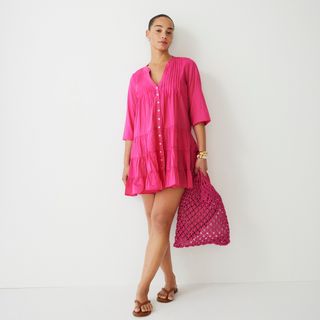 J.Crew + Button-Front Tiered Cover-Up Dress in Cotton Voile