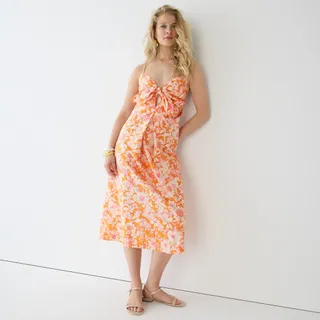 J.Crew + Tie-Front Cotton Poplin Midi Dress in Orange Floral