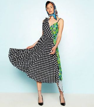 Debenhams x Richard Quinn + Green Floral Dot Spliced Sunray Asymmetric Midi Dress