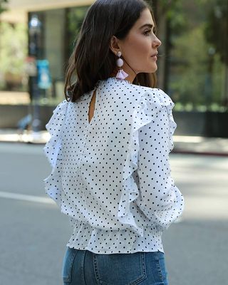 The Drop by Paola Alberdi + Ivory Loose Fit Polka Dot Ruffled Blouse