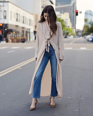 The Drop by Paola Alberdi + Beige Oversized Long Button Down Shirt