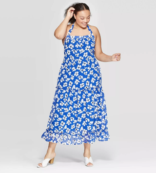 Who What Wear x Target + Floral Print Off the Shoulder Back Drawstring Tiered Maxi Dress