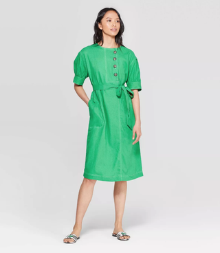 Who What Wear x Target + Short Sleeve Crewneck Front Button-Down A Line Dress