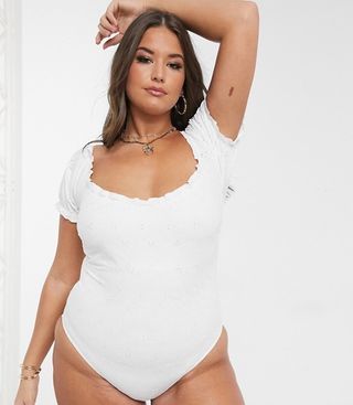 ASOS + Broderie Off Shoulder Swimsuit in White