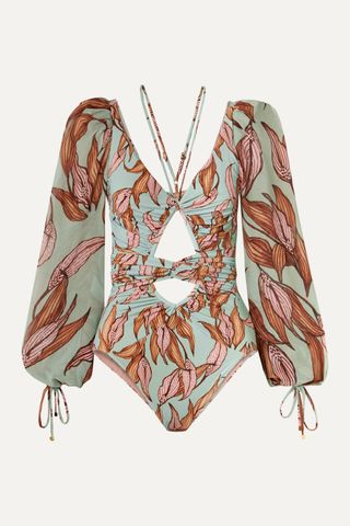 Patbo + Cutout Printed Chiffon-Trimmed Swimsuit