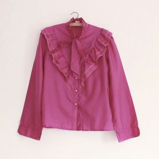 Vintage + Magenta Pink Ruffle Blouse