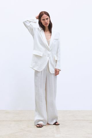 Zara + Buttoned Linen Blazer