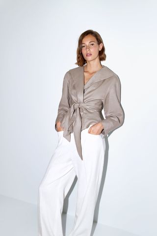 Zara + Belted Linen Blouse