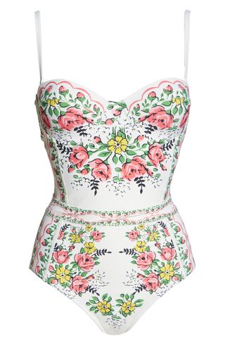Tory Burch + Floral Print Strapless Underwire One-Piece Swimsuit