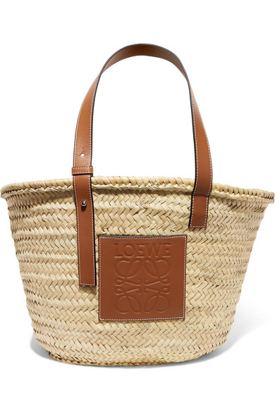 Loewe + Large Leather-Trimmed Woven Raffia Tote