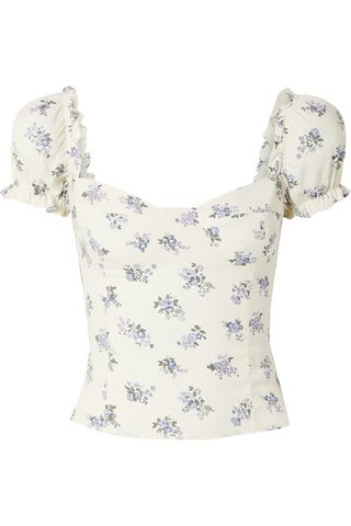 Reformation + Jewel Cropped Shirred Floral-Print Crepe Top