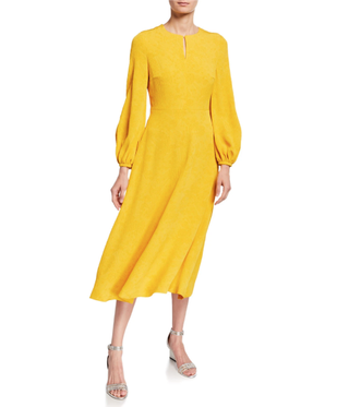 Escada + Blouson-Sleeve Jacquard Fit-&-Flare Midi Dress