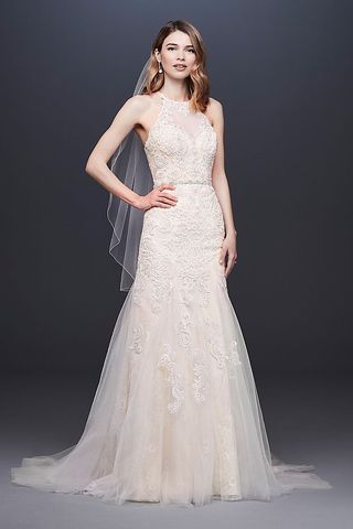 David's Bridal + High Neck Beaded Lace Mermaid Wedding Dress