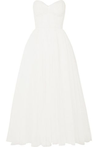 Monique Lhuillier + Brie Strapless Ruched Swiss-Dot Tulle Gown