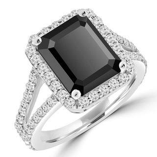 Jewelry Point + Emerald-Cut Rectangular Black Diamond Halo Engagement Ring