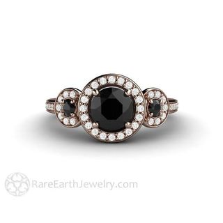 Rare Earth Jewelry + Round Cut Black Diamond 3 Stone Halo Engagement Ring