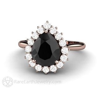 Rare Earth Jewelry + Pear Shaped Black Moissanite Engagement Ring Diamond Halo Tear Drop