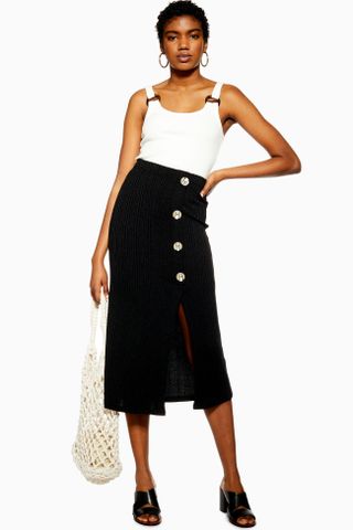 Topshop + Black Button Ribbed Midi Skirt