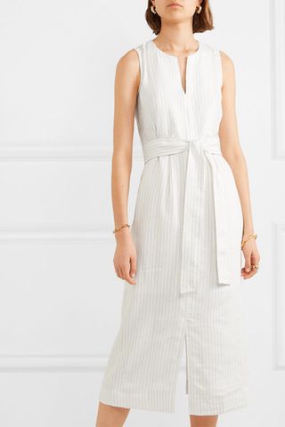 Vince + Belted Pinstriped Crepe Midi Dress
