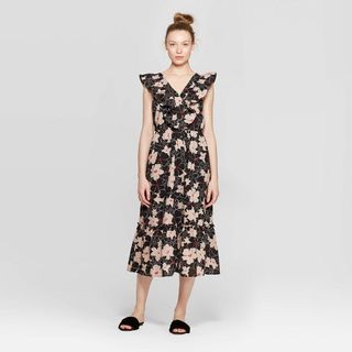 Who What Wear + Floral Print Sleeveless Ruffle V-Neck Loose Fit Maxi Dress
