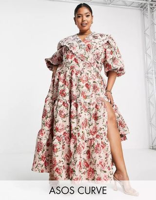 ASOS Edition + Curve Floral Jacquard Smock Dress With Scallop Collar