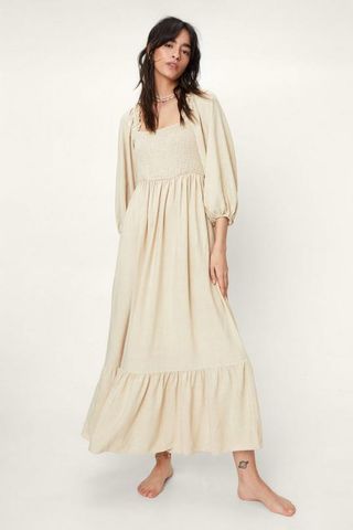 Nasty Gal + Linen Shirred Detail Tiered Midi Dress
