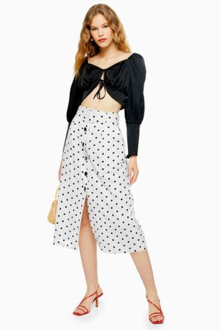Topshop + Black And White Belted Spot Midi Skirt