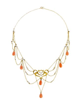 Krementz & Co. + 14K Art Nouveau Coral & Pearl Collar Necklace