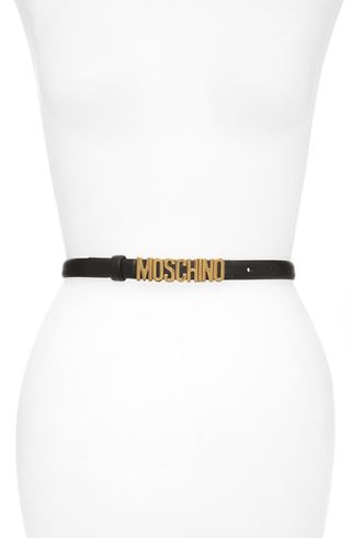 Moschino + Logo Plaque Skinny Leather Belt
