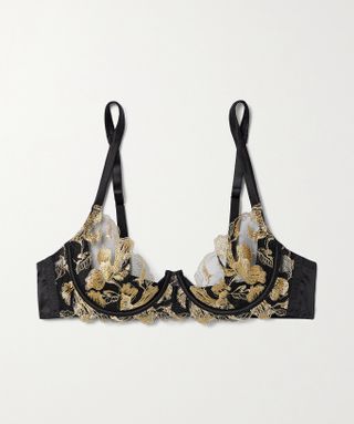 Coco de Mer + Aria Metallic Embroidered Tulle and Satin Underwired Soft-Cup Bra
