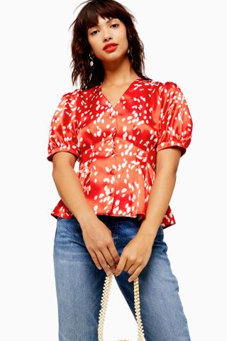 Topshop + Red Pleated Dalmation Print Blouse