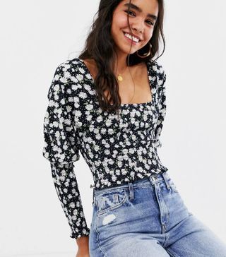 ASOS Design + Shirred Top With Puff Sleeve