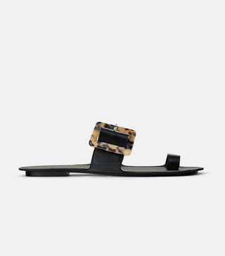 Zara + Flat Leather Sandals with Tortoiseshell Buckle