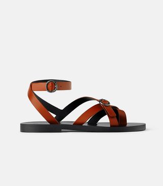 Zara + Low Heeled Strappy Leather Sandals