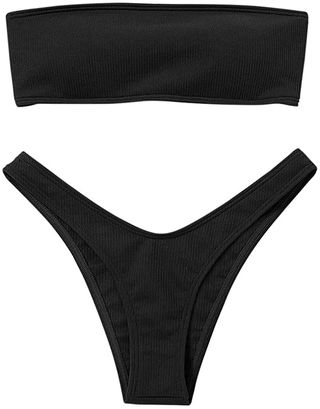 Zaful + Strapless Ribbed High Cut Bandeau Bikini Set