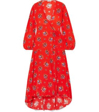 Ganni + Floral-Print Washed-Silk Wrap Dress