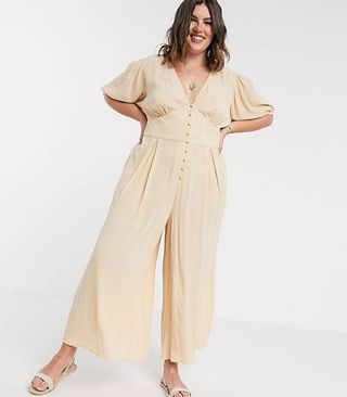 ASOS + Crinkle Tea Jumpsuit With Puff Sleeve in Stone
