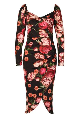 Boohoo + Floral Knot Front Rouche SIde Midi Dress