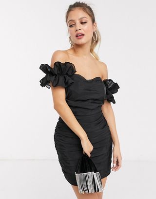 In The Style + Organza Ruffle Sleeve Ruched Mini Dress