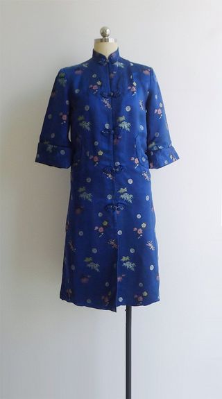 Vintage + 50's Blue Floral Brocade Quilted Jacket