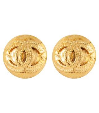 Susan Caplan Vintage + Gold-Tone Chanel Logo Round Clip-On Earrings