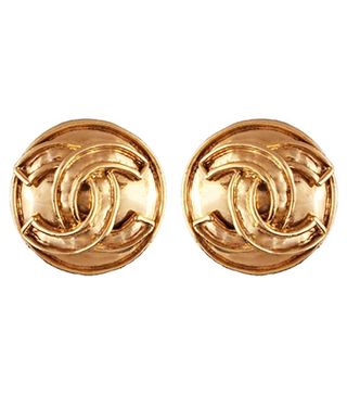Susan Caplan Vintage + Gold-Tone Chanel Logo Round Clip-On Earrings