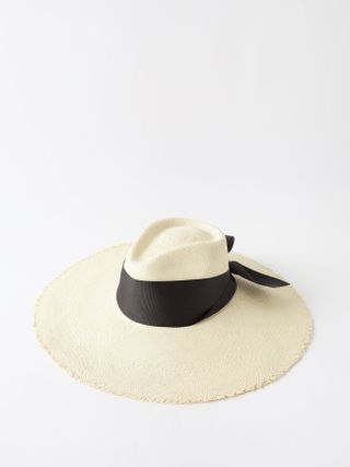 Sensi Studio + Bow-Trim Frayed-Edge Straw Panama Hat