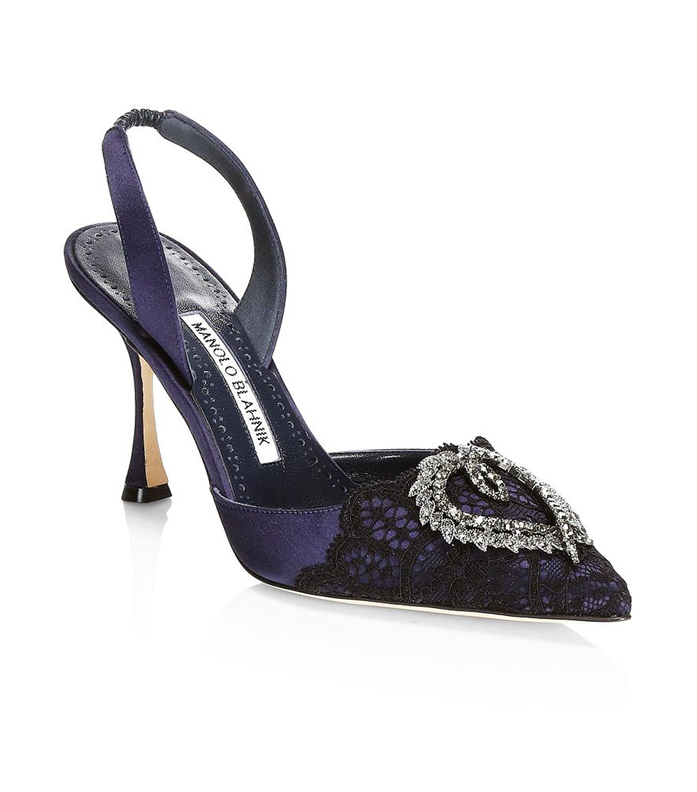 Manolo Blahnik + Gerosa Jeweled Satin Lace Slingback Pumps