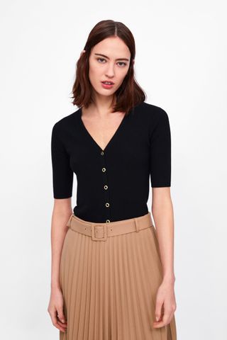 Zara + Buttoned Ribbed Cardigan
