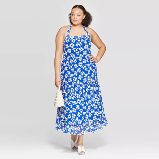 Who What Wear + Floral Print Off the Shoulder Back Drawstring Tiered Maxi Dress