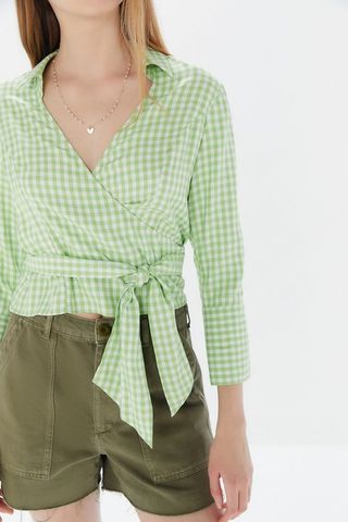 Urban Outfitters + Gingham Collared Cropped Wrap Blouse