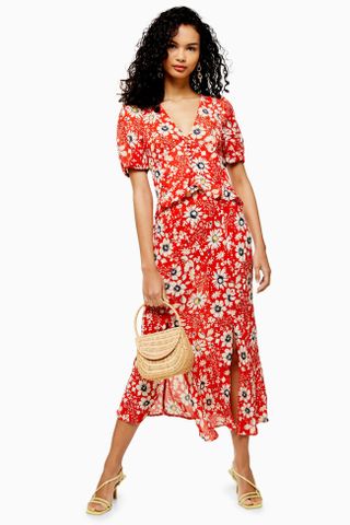 Topshop + Floral Ruffle Midi Dress