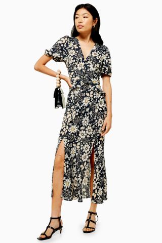 Topshop + Floral Print Ruffle Midi Dress